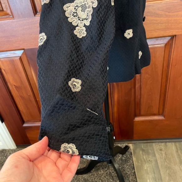 PEGGY JENNINGS Black Cream Lace Overlay Blazer Silk Lining Split Sleeve Large - Picture 4 of 13